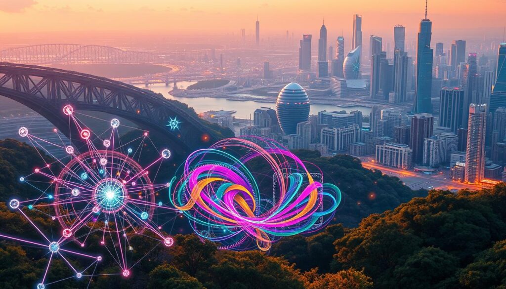A vibrant landscape depicting the methods of AI-generated training data. In the foreground, a cluster of digital nodes and neural networks intertwine, their pulsing lights casting an ethereal glow. Branching out from this central hub, diverse synthetic data elements emerge - stylized human figures, photorealistic objects, and abstract geometric patterns. The middle ground features a swirling vortex of data streams, their colorful flows converging and diverging in a captivating dance. In the background, a futuristic cityscape of towering skyscrapers and gleaming technological infrastructure. The scene is bathed in a warm, inviting light, conveying a sense of innovation and the boundless potential of AI-powered data generation.