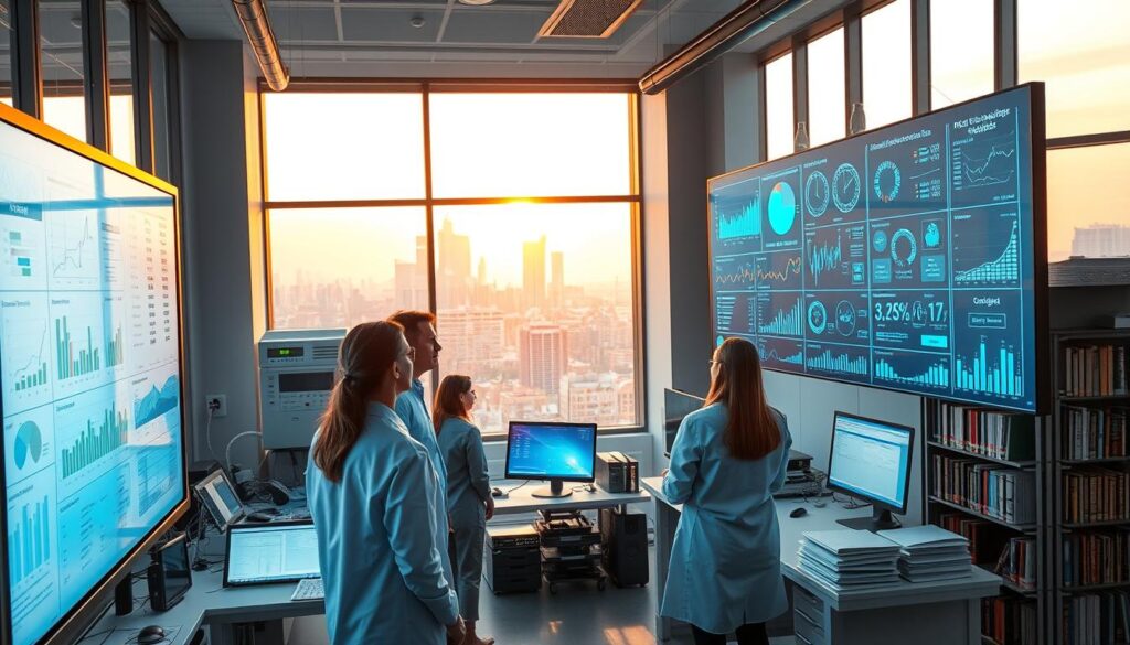 A well-lit research lab with a large touchscreen display showing complex data visualizations. In the foreground, a team of researchers intently studying the insights revealed by the dynamic charts and graphs. The middle ground features high-tech equipment, computer terminals, and shelves of scientific journals. The background showcases large windows overlooking a cityscape, casting a warm glow and suggesting a sense of progress and discovery. The overall mood is one of focused collaboration, intellectual engagement, and the advancement of knowledge through innovative data analysis techniques.