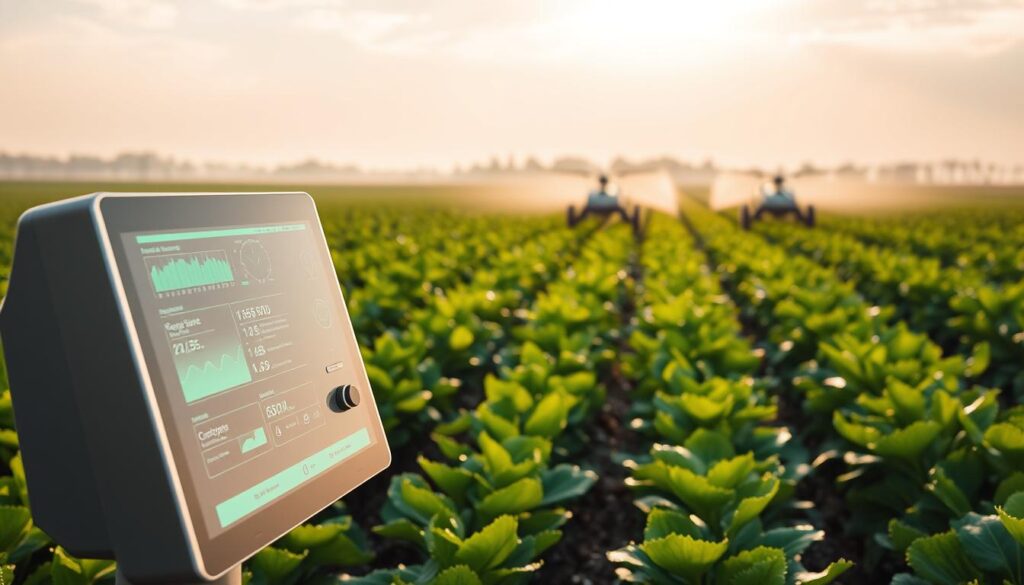 An automated irrigation system in a lush, verdant field. In the foreground, a sleek, silver control panel with intuitive touchscreen interfaces and IoT connectivity, its digital displays showing real-time data on soil moisture, temperature, and weather conditions. Behind it, rows of crops sway gently in a soft breeze, their leaves glistening with water droplets from precisely timed, targeted sprinklers. In the distance, a team of agile agricultural robots navigates the field, sensors and cameras constantly monitoring plant health. Soft, diffused sunlight filters through wispy clouds, casting a warm, natural glow over the scene. The overall atmosphere is one of efficiency, innovation, and a harmonious integration of technology and nature, embodying the future of smart, sustainable farming.