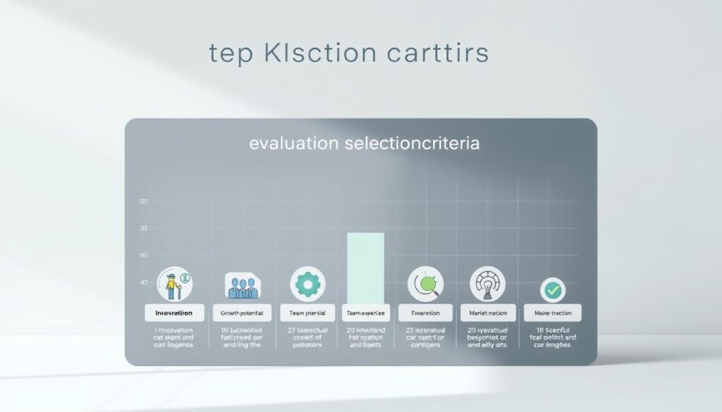 An elegant and modern infographic showcasing the key selection criteria for the top KI startups. Set against a clean, minimalist background, the image features a sophisticated color palette of muted grays, blues, and greens. In the foreground, carefully designed icons and illustrations clearly convey the different evaluation metrics, such as innovation, growth potential, team expertise, and market traction. The middle ground presents the overall ranking or scoring system, with thoughtfully placed data visualizations to communicate the relative strengths of each startup. The background features a subtle grid or geometric pattern, adding a sense of structure and organization to the design. The lighting is soft and diffuse, creating a professional, editorial tone. The entire composition strikes a balance between functionality and aesthetics, making it an engaging and informative visual asset.