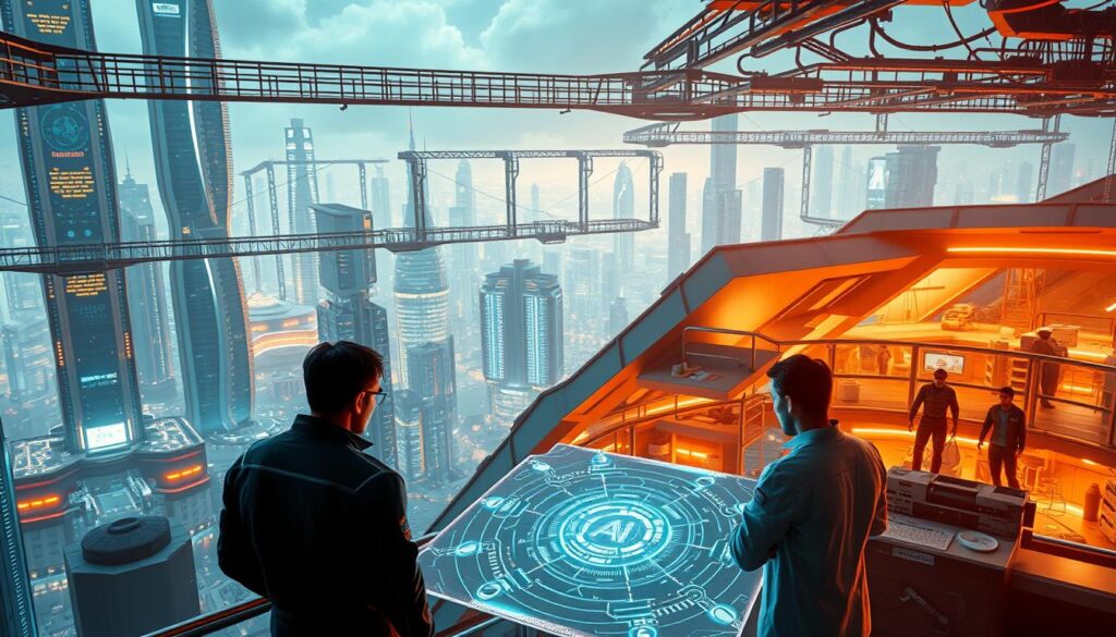 An incredible technological cityscape of the future, with gleaming skyscrapers and a network of suspended walkways and bridges connecting them. In the foreground, a group of researchers in futuristic attire huddle around a holographic display, deep in thought as they discuss innovative AI research approaches. The middle ground features sleek, angular laboratory facilities where teams of scientists work diligently at their tasks. The background is bathed in a warm, vibrant glow of advanced energy sources powering this hub of cutting-edge innovation. Dramatic lighting casts dramatic shadows, underscoring the atmosphere of inspired discovery. A sense of boundless potential and possibility permeates the scene.