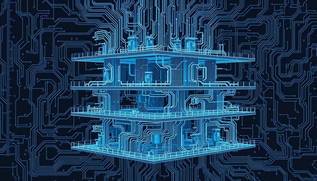 Architectural blueprint of a large language model (LLM), rendered in a detailed, technical style. The intricate circuitry and interconnected layers form the foundation, showcasing the complex computational processes that power these advanced AI systems. A subdued color palette of grays, blues, and metallic hues conveys the serious, academic nature of the subject matter. Crisp lighting from multiple angles highlights the structural components, creating depth and dimensionality. The perspective is slightly elevated, allowing the viewer to observe the LLM's architecture from an insightful, analytical viewpoint. Overall, the image embodies the core principles and inner workings that define the fundamental nature of large language models.