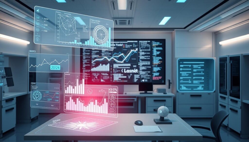Datenanalyse Methoden: An advanced laboratory setting with a central workstation showcasing various data visualization techniques. In the foreground, holographic charts and graphs float above the desk, displaying complex analytics in a sleek, futuristic manner. The middle ground features a large transparent screen displaying intricate algorithms and coding interfaces, while the background is filled with a minimalist, high-tech environment with subtle lighting accents. The overall mood is one of innovation, precision, and the cutting edge of AI research.