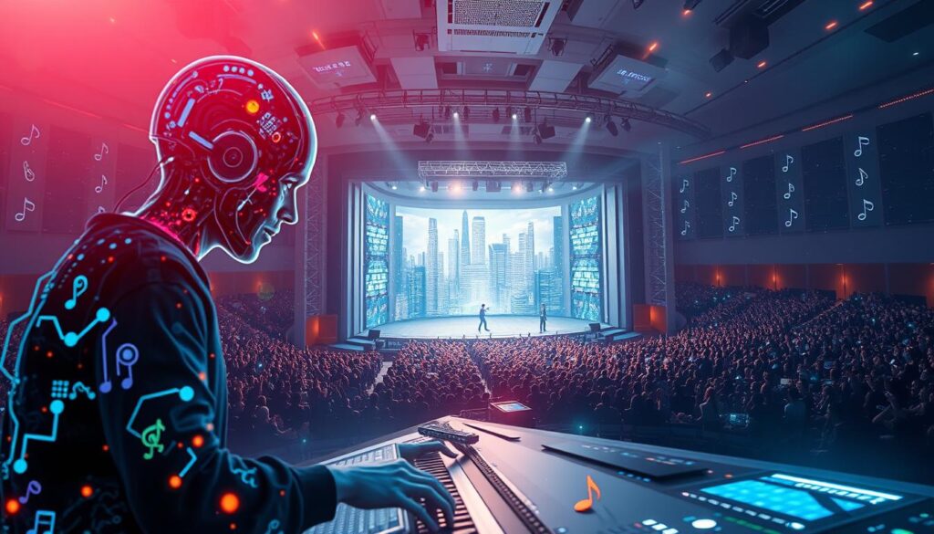Detailed, futuristic scene of the development and evolution of AI-generated music. In the foreground, a human music composer collaborates with a sophisticated AI system, its inner workings illuminated by glowing circuits and holographic displays. In the middle ground, a concert hall filled with an audience captivated by the seamless interplay of human and machine-composed melodies, projected onto the stage in a mesmerizing audiovisual display. In the background, a cityscape of towering skyscrapers and advanced technology, hinting at the rapid advancements transforming the music industry. Soft, diffused lighting creates an ethereal, cutting-edge atmosphere, while a cinematic camera angle offers a dynamic, immersive perspective.
