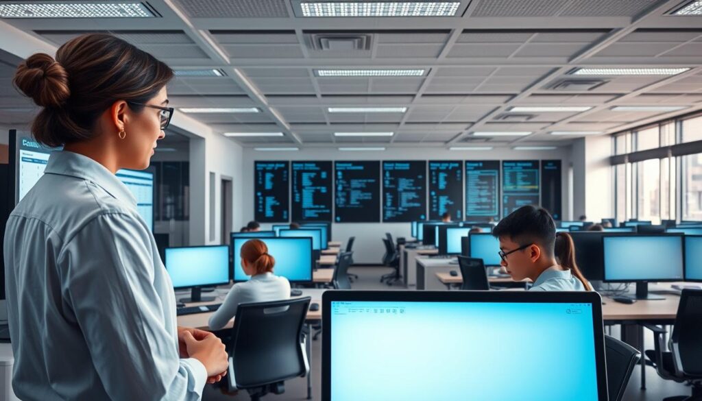 Detailed, modern school administration office interior with rows of computer workstations and sleek, minimalist furniture. Clean lines, neutral colors, and plenty of natural light create a calm, efficient atmosphere. In the foreground, a teacher reviews digital schedules and student records on a large screen, while in the middle ground, students collaborate on laptops. The background features automated systems managing attendance, grades, and other administrative tasks. An atmosphere of streamlined productivity and technology-enabled organization conveys the power of AI to transform daily school operations.