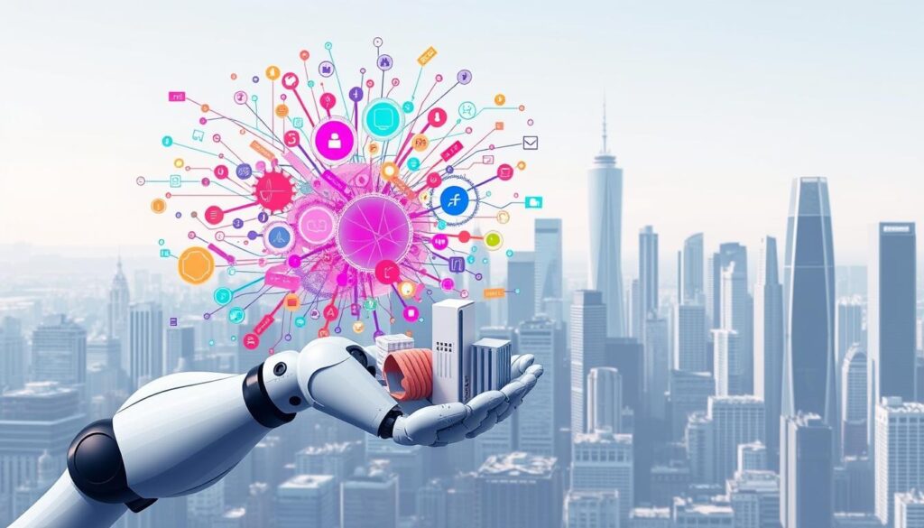 Detailed schematic illustration of the advantages and challenges of AI-generated content. In the foreground, a sleek robotic arm manipulates 3D content assets, representing the power and efficiency of automated content creation. Behind it, a jumble of colorful data streams and glyphs symbolize the complexity and unpredictability of AI-driven processes. In the background, a cityscape with towering skyscrapers reflects the scale and impact of AI content on the modern digital landscape. The scene is rendered in a high-tech, minimalist style with crisp shadows, subtle gradients, and muted color tones to convey a sense of sophistication and professionalism.