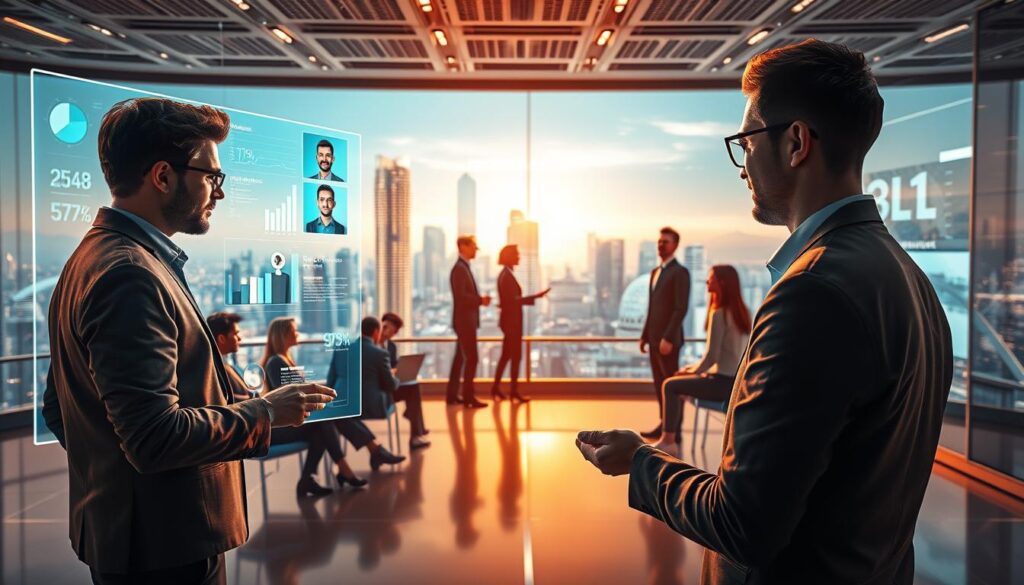 Digitale Transformation im Personalwesen: A vibrant, futuristic scene depicting the integration of AI and technology into human resources. In the foreground, a holographic interface displays data visualizations and candidate profiles, operated by a focused HR professional. In the middle ground, a diverse team collaborates seamlessly, their images projected on sleek, minimalist screens. The background features a cityscape of gleaming skyscrapers and a serene, data-driven landscape, symbolizing the evolution of HR into a cutting-edge, tech-driven field. The lighting is warm and ambient, creating a sense of innovation and progress. Captured with a wide-angle lens to convey the scope and scale of this digital transformation.