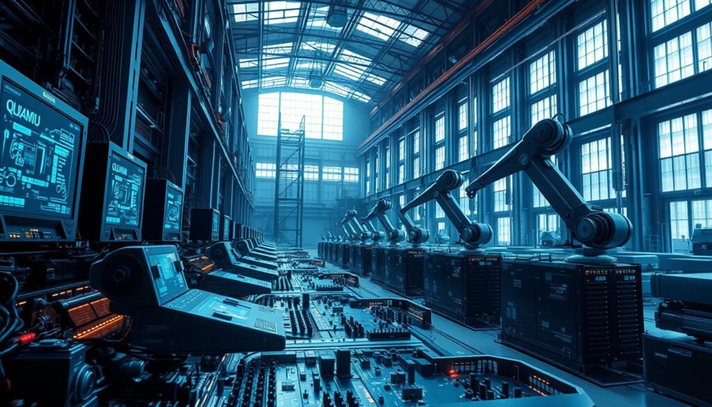 Dramatic industrial scene featuring advanced quantum computing hardware. In the foreground, an array of futuristic quantum processors and control interfaces. Intricate circuits and glowing displays cast an ethereal light across the scene. In the middle ground, sleek robotic arms manipulate the quantum systems, their movements precisely choreographed. The background reveals a vast, high-ceilinged industrial space, with towering machinery and a sense of scale and power. Cool, blue-tinted lighting filters through tall windows, creating a sense of technological sophistication and innovation. The overall mood is one of cutting-edge progress, where the extraordinary capabilities of quantum technology are seamlessly integrated into a dynamic, industrial setting.