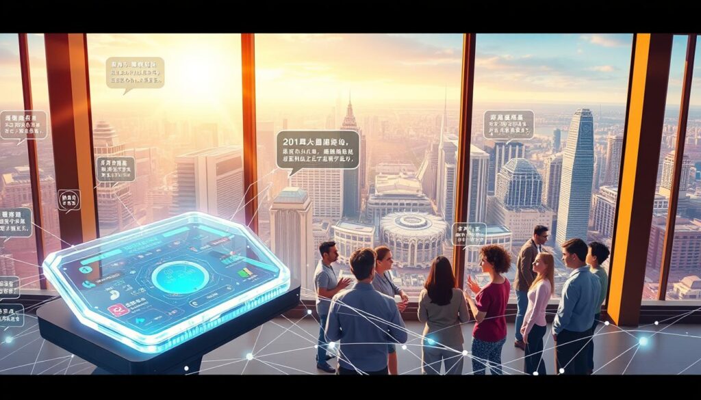 Highly detailed, vibrant digital illustration of revolutionary translation technologies. Sleek, futuristic user interface with floating holographic widgets, voice commands, and real-time language translation. In the foreground, an AI-powered translator device with a glowing, crystalline display. Surrounding it, a dynamic, three-dimensional network of interconnected data streams representing advanced language processing algorithms. In the middle ground, a diverse group of people from different cultures and backgrounds, engaged in animated conversation, their speech bubbles translating seamlessly between languages. In the distant background, a panoramic cityscape of gleaming high-rises and advanced infrastructure, symbolizing the global, interconnected nature of modern communication. Cinematic lighting, with rays of warm, golden light filtering through windows and casting dramatic shadows. A sense of awe, innovation, and technological progress permeates the scene.