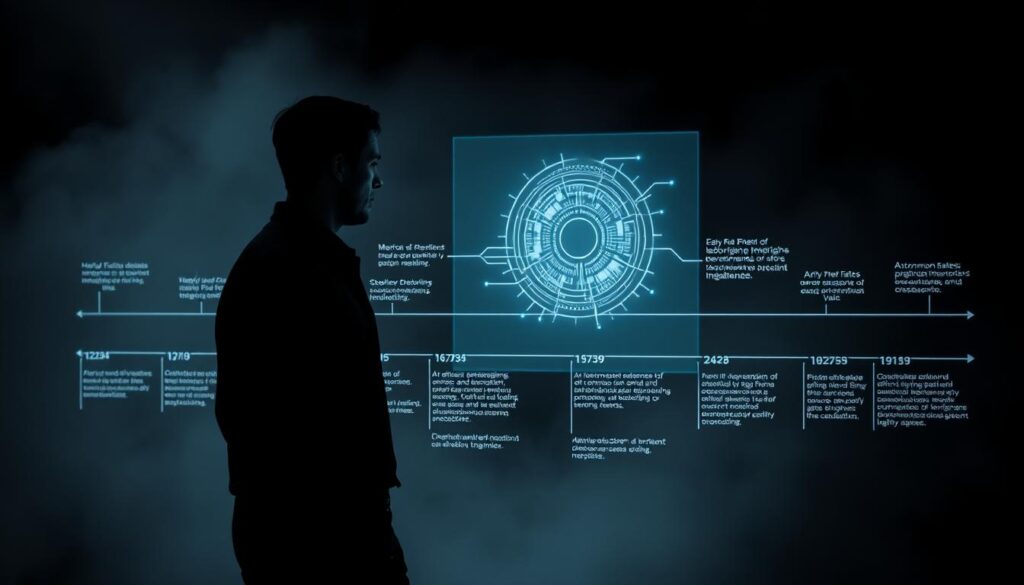 Historical AI Ethics: a high-contrast, cinematic image depicting the evolution of ethical considerations in artificial intelligence. In the foreground, a human figure ponders a holographic projection of an AI system, its circuits and algorithms visible. Behind them, a timeline of key historical events and milestones in AI ethics unfolds, from early philosophical debates to modern challenges of algorithmic bias and autonomous weapons. The background is shrouded in an ominous, moody atmosphere, hinting at the gravity and complexity of the subject matter. Dramatic, dramatic lighting casts sharp shadows, creating a sense of intrigue and unease. The composition draws the viewer's eye through the layers of past, present, and future, inviting reflection on the ethical responsibilities inherent in the development of intelligent machines.