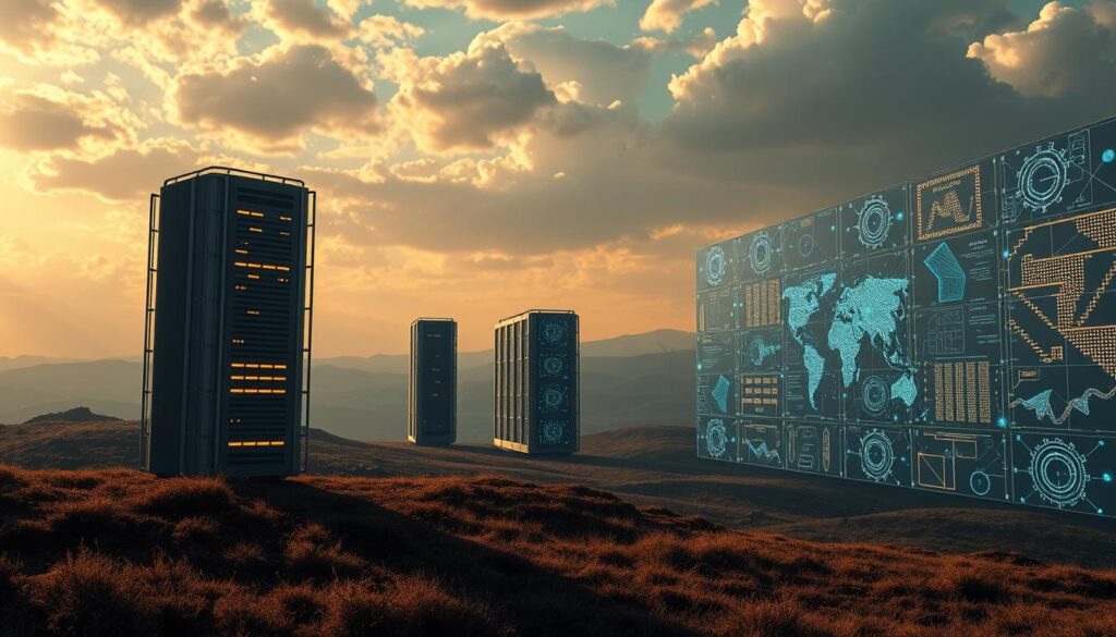 Historische KI-Entwicklung: A majestic vision of the evolution of artificial intelligence, captured in a sweeping landscape. In the foreground, a towering supercomputer circa 1970s stands as a testament to early advances, its warm glow illuminating the scene. In the middle ground, a sleek, modern AI server array represents the rapid progress of the digital age. In the background, an array of holographic displays showcases the future of AI, with intricate 3D models and data visualizations dancing across the screens. The lighting is dramatic, casting long shadows and highlighting the cutting-edge technology. The overall mood is one of awe and wonder at the rapid pace of AI innovation, a celebration of humanity's ingenuity and the promise of transformative technology.