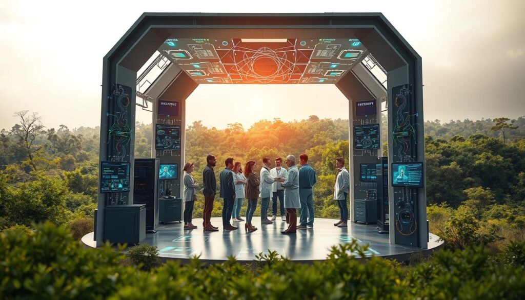 Interdisciplinary AI Security Research: A serene landscape with a central hub of interconnected machines, algorithms, and researchers. The foreground features a minimalist architectural structure housing cutting-edge computational hardware, surrounded by holographic interfaces and diagnostic screens. In the middle ground, a diverse team of scientists, engineers, and security experts collaborate, their expressions focused and determined. The background depicts a lush, verdant environment, suggesting the harmony between technological innovation and natural harmony. Soft, diffused lighting creates a contemplative atmosphere, emphasizing the importance of responsible AI development. The scene conveys the collaborative, holistic approach to ensuring the safety and trustworthiness of artificial intelligence systems.