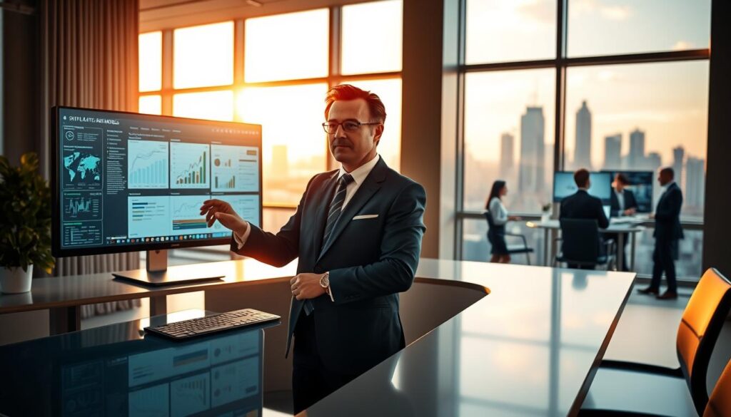Strategische Vorteile durch Sprachmodelle A serene office setting with a large window overlooking a city skyline. The room is bathed in warm, natural light, creating a calming atmosphere. On a sleek, modern desk sits a high-end computer monitor displaying various data visualizations and charts. In the foreground, a pair of hands manipulates the computer's interface, exploring the capabilities of language models. The middle ground features a thoughtful, confident executive in a well-tailored suit, considering the strategic implications of these powerful AI technologies. In the background, a team of analysts and researchers collaborate, their faces illuminated by the glow of additional screens. An air of innovation and potential permeates the scene, hinting at the transformative impact of language models on modern organizations.
