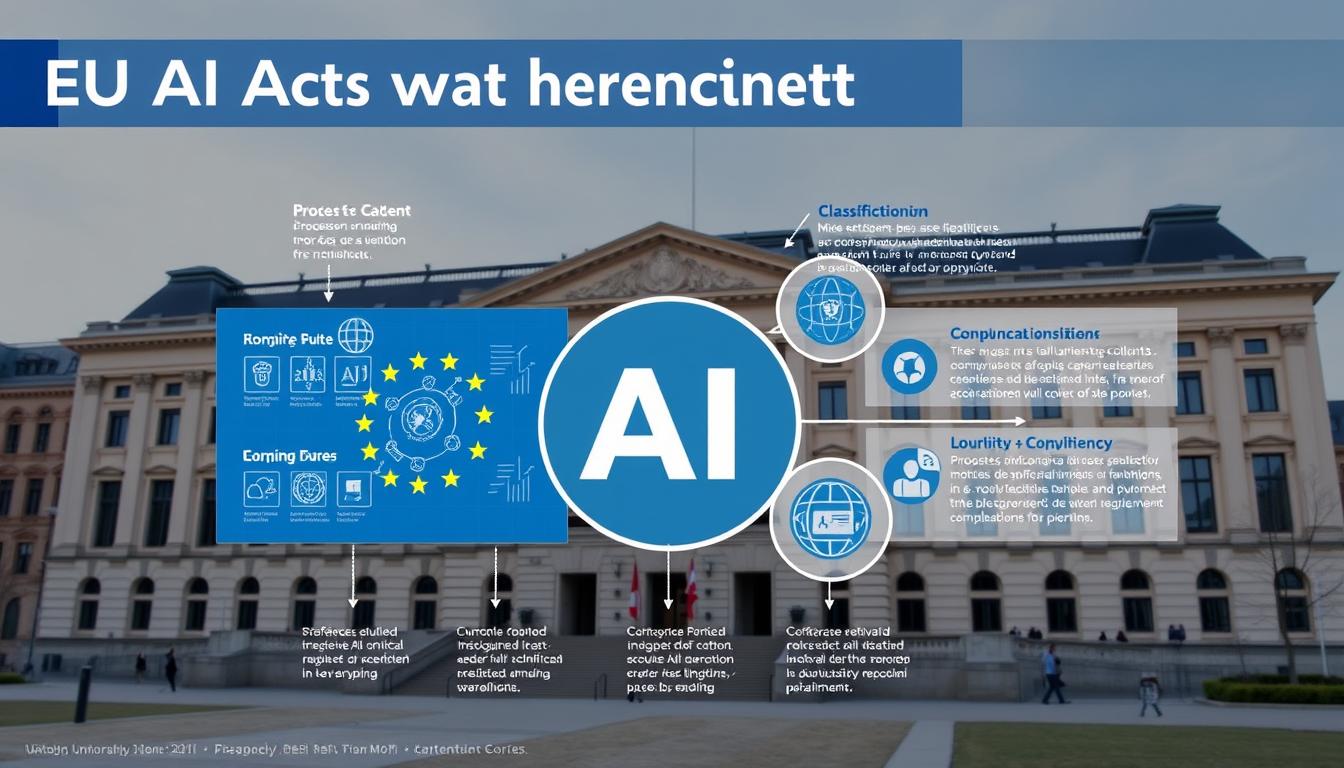 EU AI Act regulatory framework overview showing the European Parliament building with AI-themed graphics