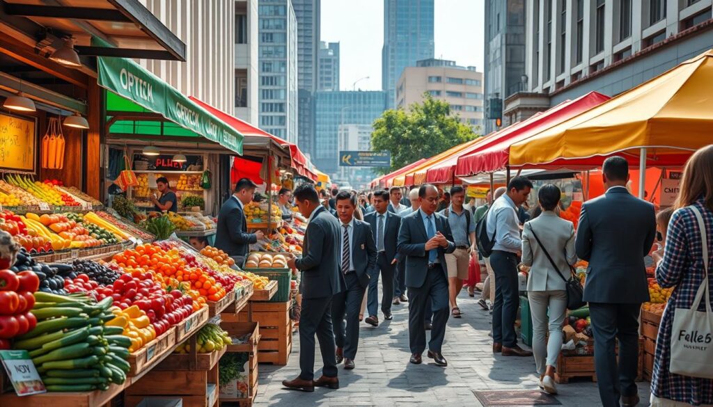 Hochauflösende Straßenfotografie eines geschäftigen Stadtmarktes, lebendige Farben, dynamische Komposition