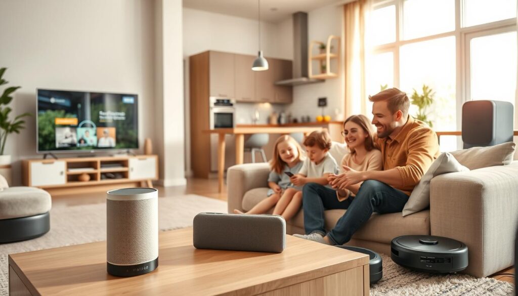 Intelligente Geräte Familie im Wohnzimmer