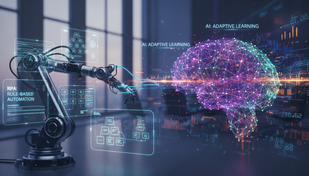 RPA und KI Vergleich statische Regeln versus lernende Systeme RPA und KI Vergleich statische Regeln versus lernende Systeme