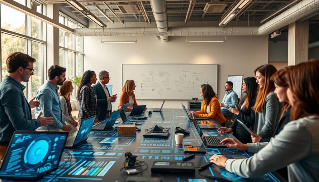 Interdisziplinäre Teams in einem modernen Innovation Lab mit technologischer Infrastruktur