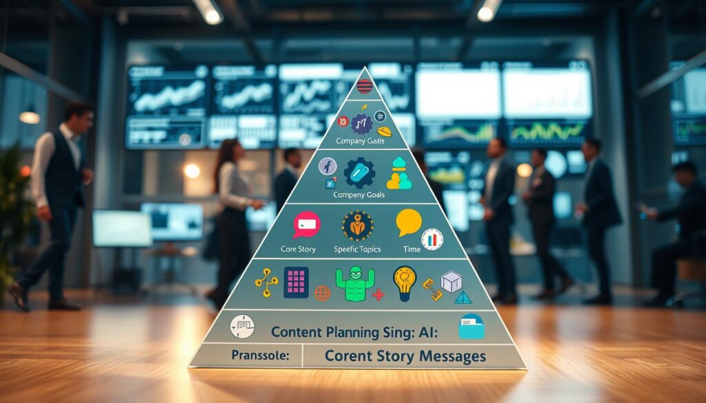 KI Content Planung Themenarchitektur Pyramide mit Unternehmenszielen Core Story Botschaften und konkreten Themen